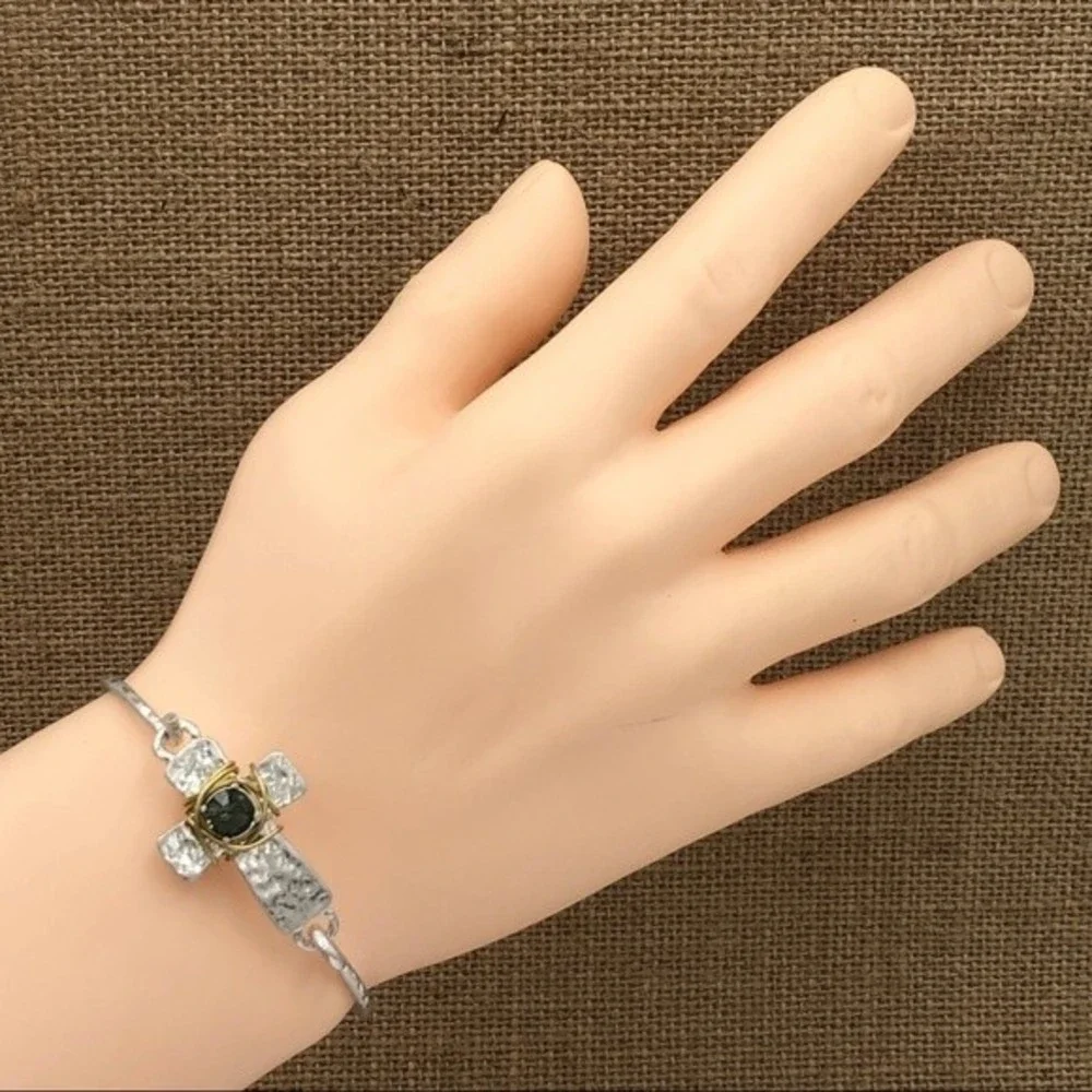 🌼  2-Tone Rhinestone Hook Silver Gold Bangle Bracelet